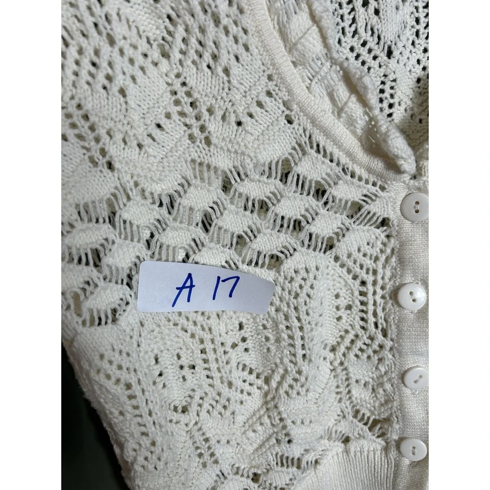 Kenar Womens Open Knit Crochet Sweater Size M Ivory Cottagecore Boho Sustainable